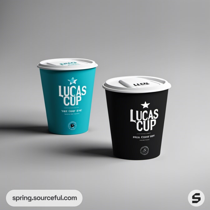 Blue and black coffee cups with white lids on a grey background.