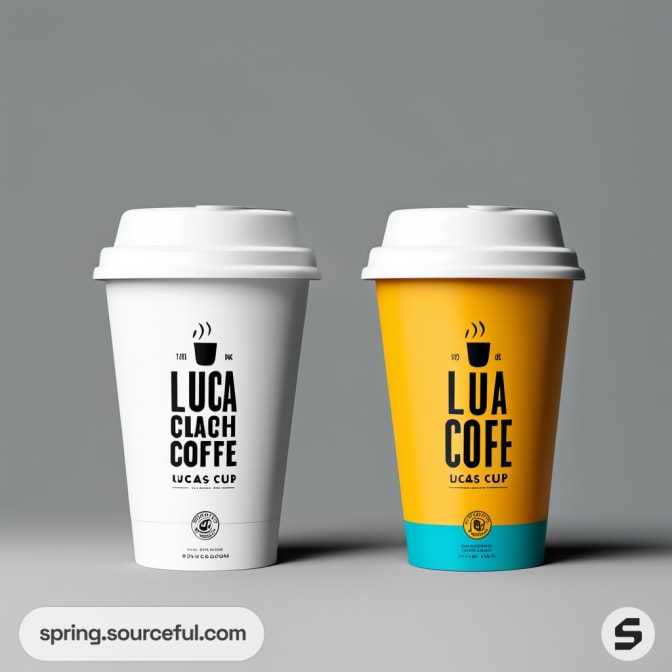 White and yellow coffee cups with lids on a grey backdrop.