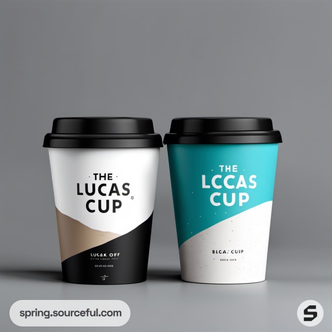 White and teal coffee cups with black lids on a grey background.