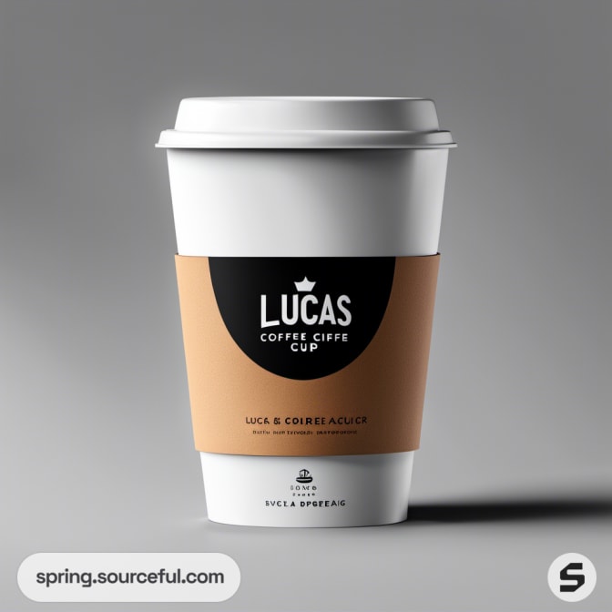 White coffee cup with a black and brown sleeve on a grey background.