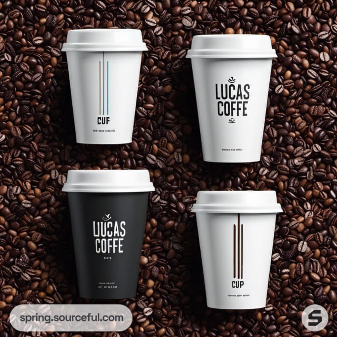 Arrangement of white and black coffee cups on coffee beans.