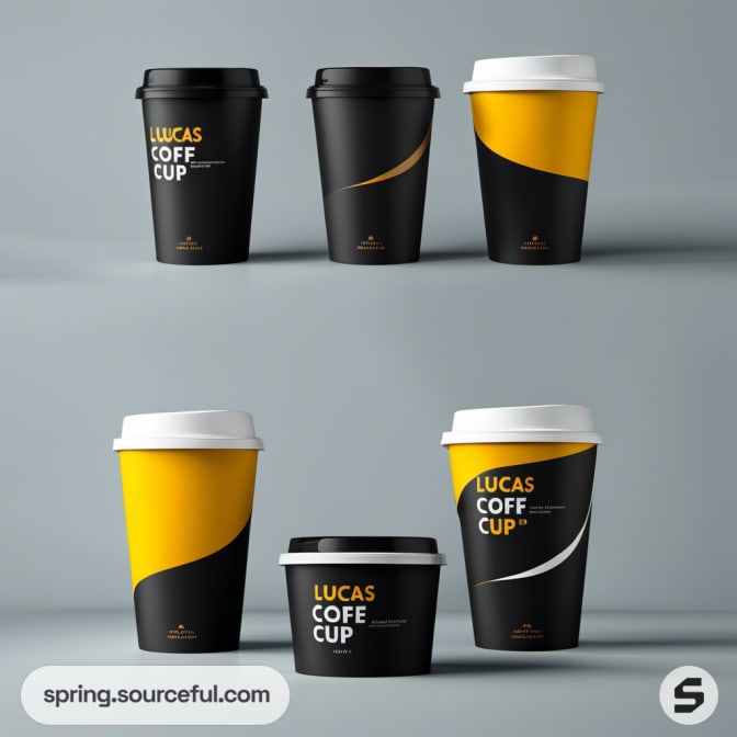 Black and yellow coffee cups with varied lid designs on grey backdrop.