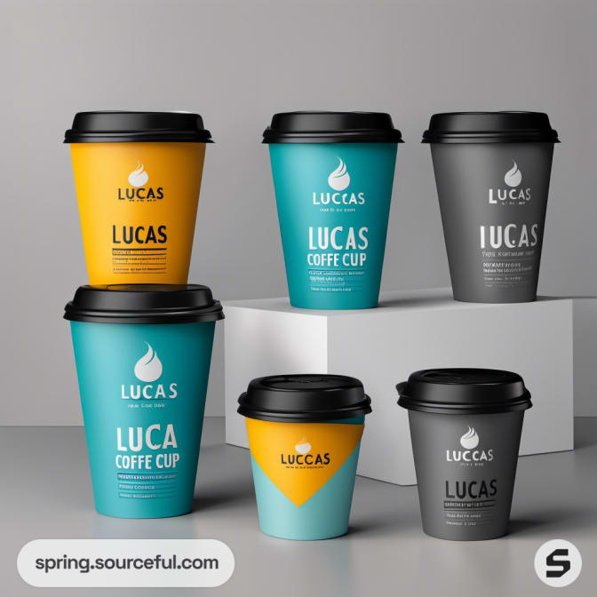 Assorted teal, yellow, and grey coffee cups with lids on display blocks.