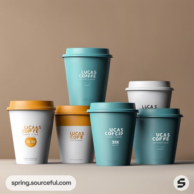 Collection of teal, white, and orange coffee cups on beige background.