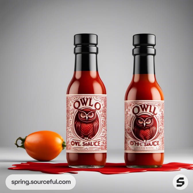 Two bottles of owl-themed hot sauce with ornate labels, set on a gray background with a tomato nearby.