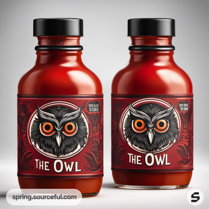 Two small, red bottles with owl-themed dark labels, featuring intense orange eyes, against a gray backdrop.