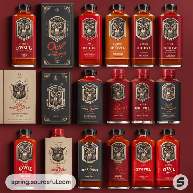 A variety of owl-themed sauces, arranged in rows with elaborate packaging and dark, rich colors.