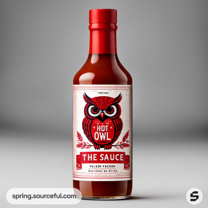 A hot sauce bottle with a red owl design labeled 'The Sauce,' set against a simple gray background.