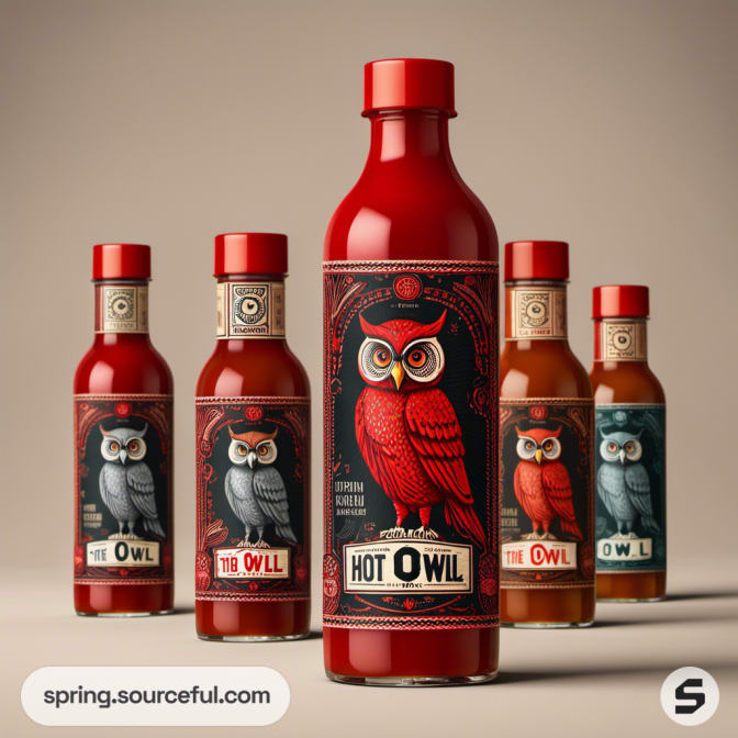 Five bottles of hot sauce with owl-themed red and black labels, arranged on a neutral background.