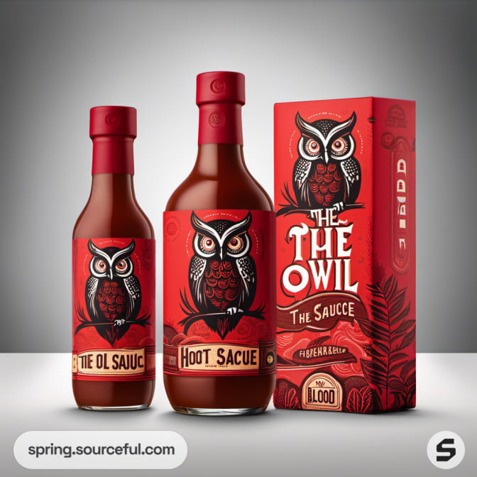 Two bottles of hot sauce with ornately designed owl labels and packaging, on a white background.