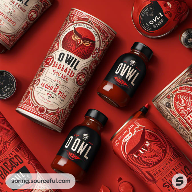 Assorted owl-themed spicy product packaging in vibrant red and black, with detailed designs.