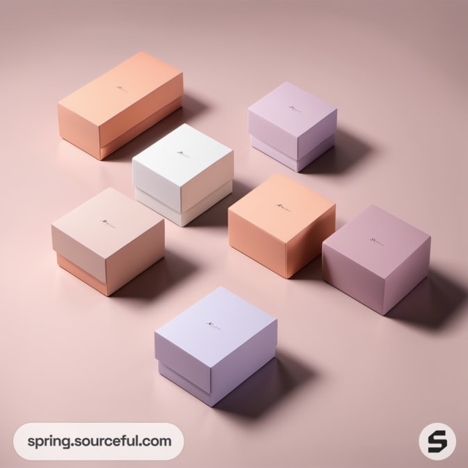 Pastel-colored boxes in pink, purple, and white on a beige background.