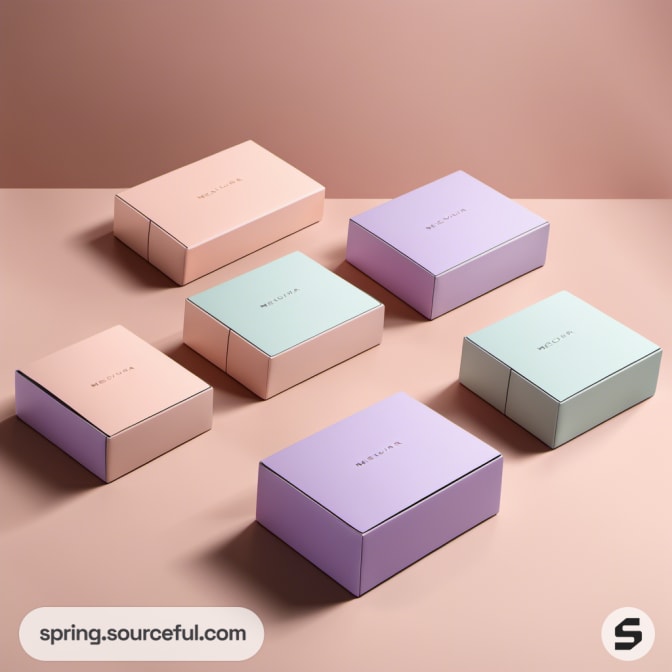 Pastel boxes in peach, purple, and mint green shades on a light brown surface.