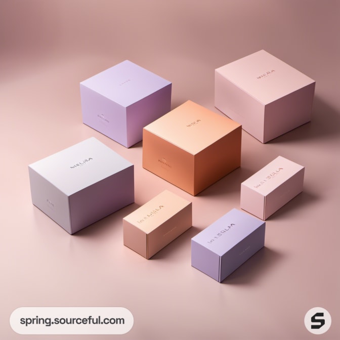Various pastel boxes in peach, lavender, and lilac on a soft backdrop.