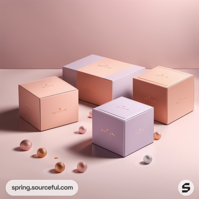 Pastel gift boxes with scattered metallic balls on a soft surface.