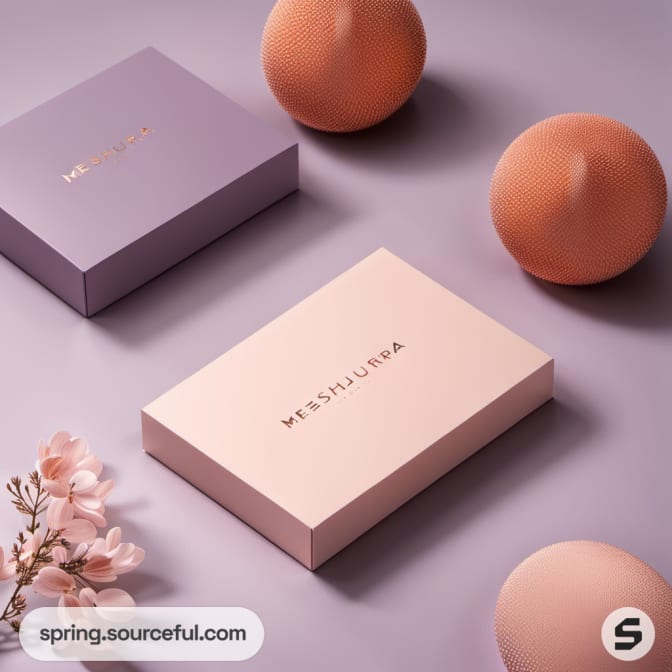 Close-up of pastel boxes and decorative elements on a pinkish surface.