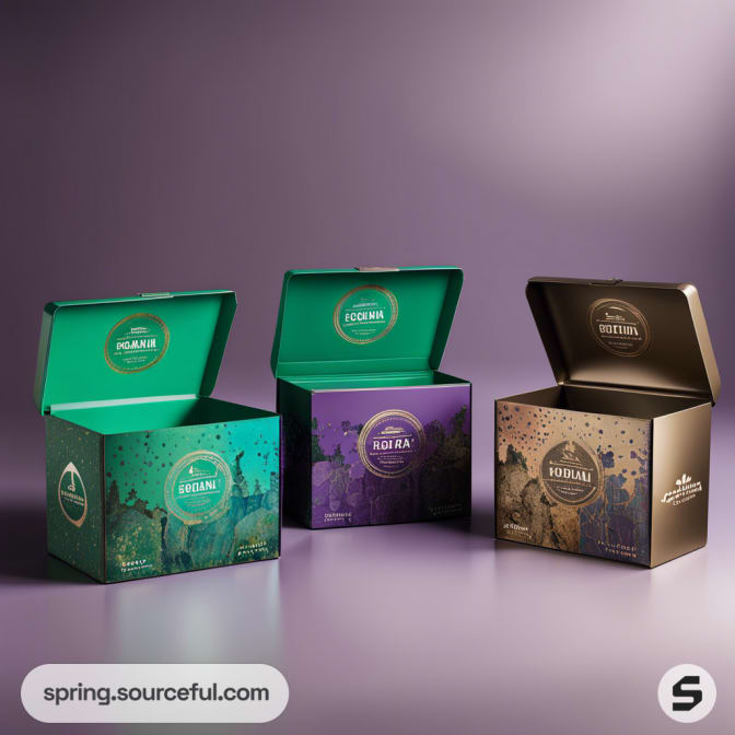 Three open mailer boxes with colorful designs and logos on a gradient purple background.