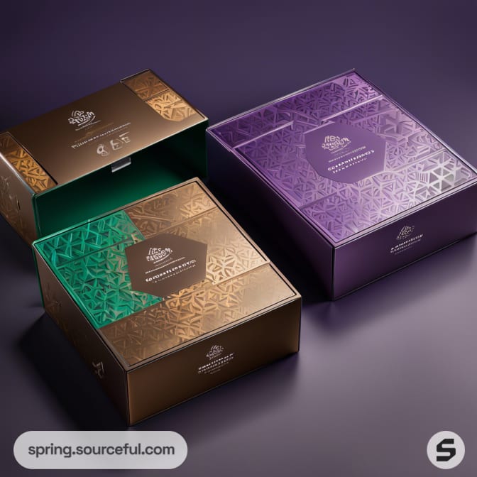 Luxurious purple and brown gift boxes with intricate patterns on a dark surface.