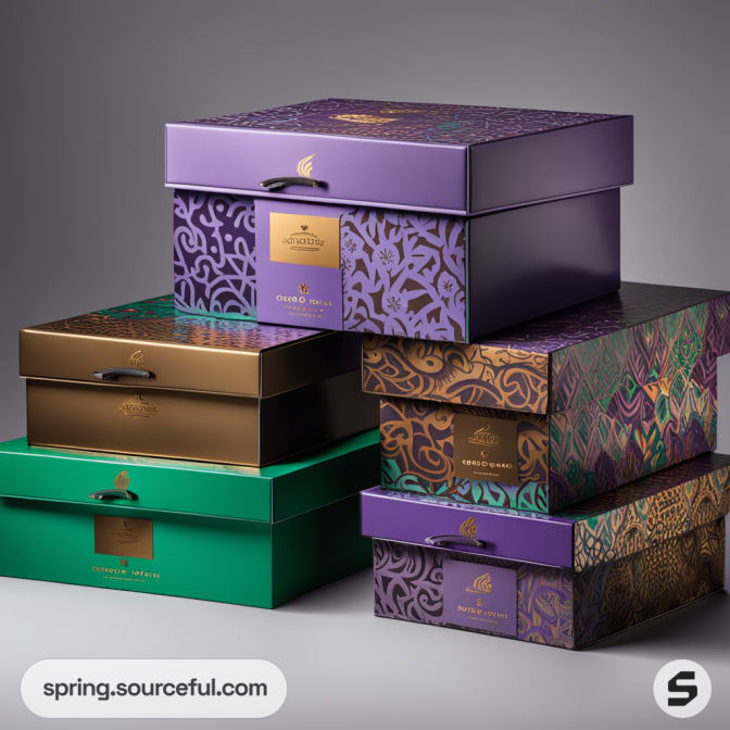 Stack of colorful decorative boxes with intricate patterns, including purple, gold, green, and brown designs.