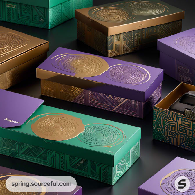 Assorted rectangular boxes with intricate gold patterns on green and purple lids, set against a dark surface.