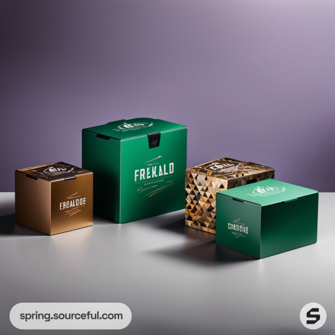 Assorted colorful cardboard boxes with various patterns on a gray surface.