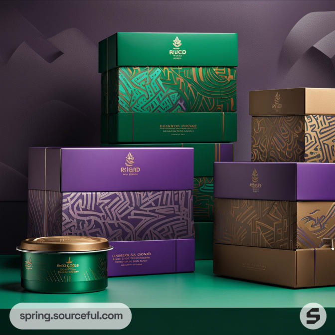 Stacked luxury gift boxes in purple, green, and gold with geometric patterns.