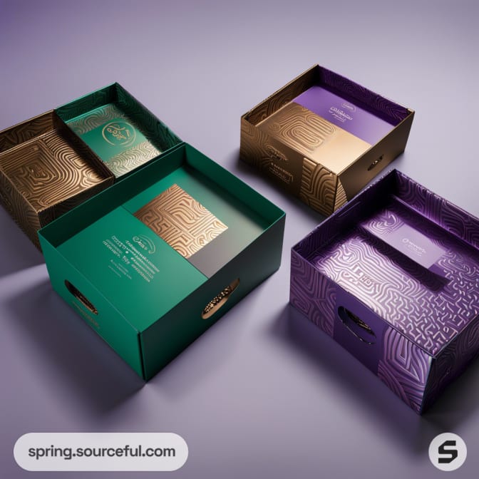 Elegant gift boxes in green, purple, and gold with embossed patterns on a light purple background.