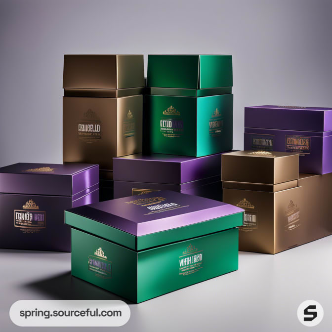 Assorted green and purple rectangular boxes with gold details on a gray background.