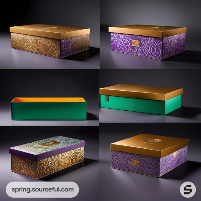 Six decorative mailer boxes in gold, purple, and green with intricate patterns on gray gradient background.