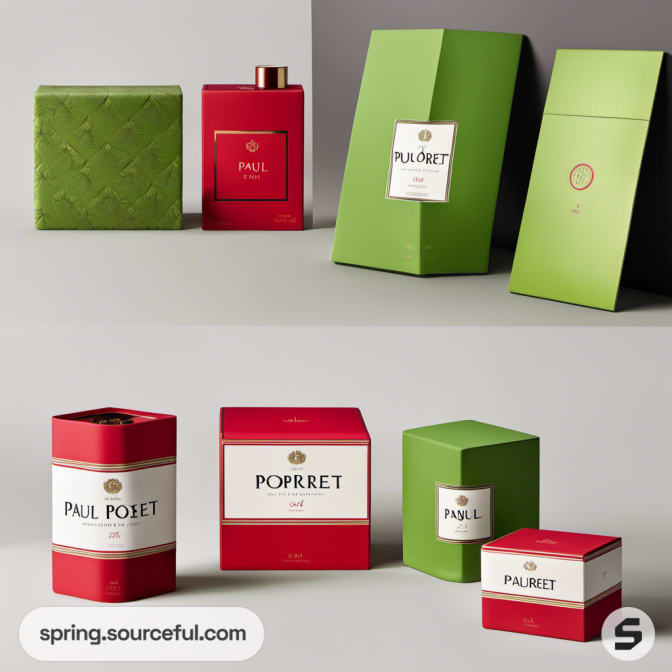 Green and red luxury packaging with intricate patterns and a bottle.