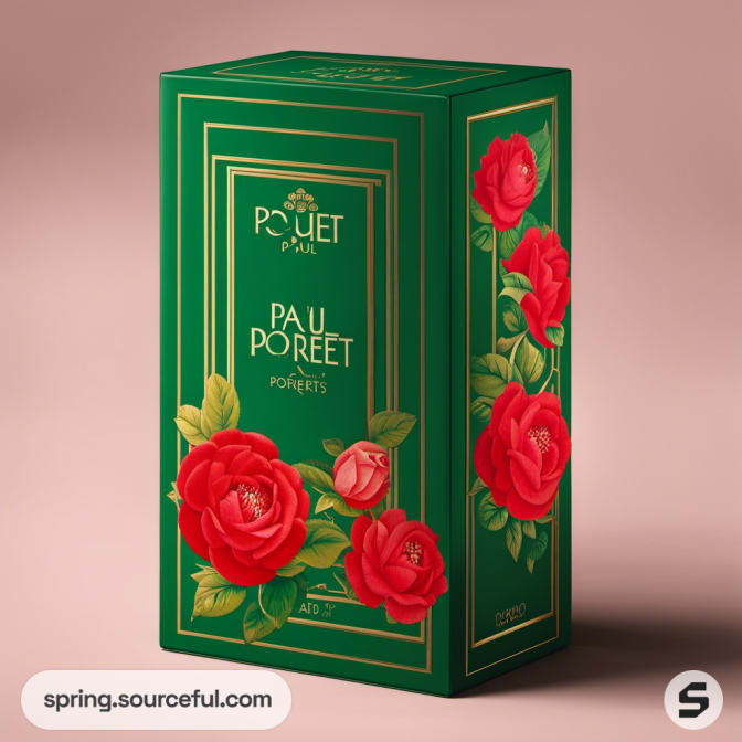 Green box with red floral designs on a pink background.