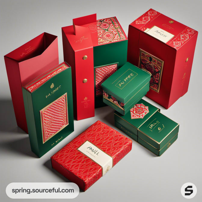 Assorted red and green luxury boxes with intricate patterns.