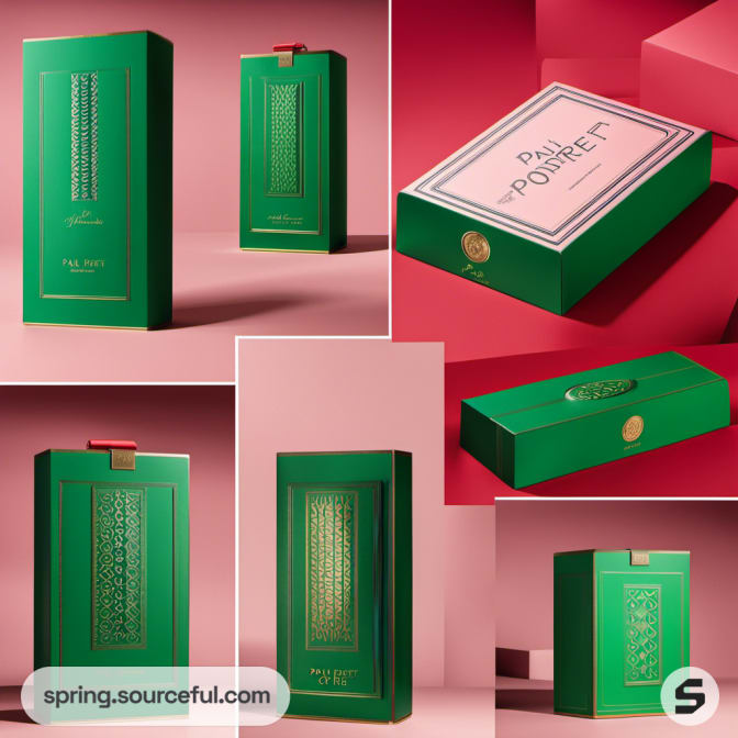 Various green luxury boxes with vertical designs on a red background.