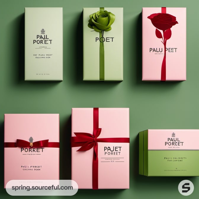Pastel green and pink gift boxes with rose designs and ribbons.