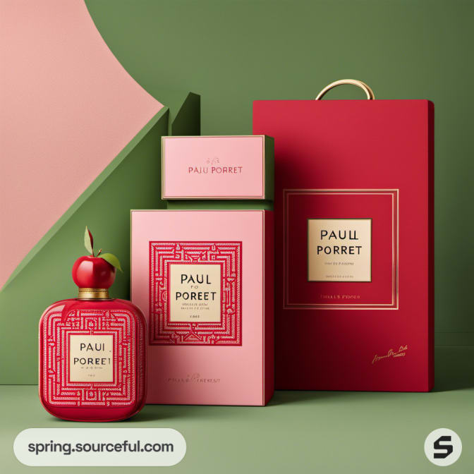 Red and pink luxury packaging with an apple-shaped bottle.