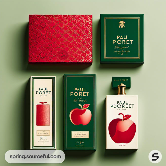 Green and red boxes with apple illustrations and decorative patterns.