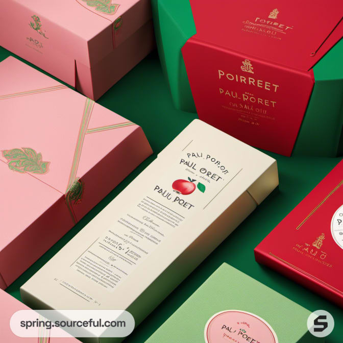 Assorted red and green boxes with sleek design and gold accents.