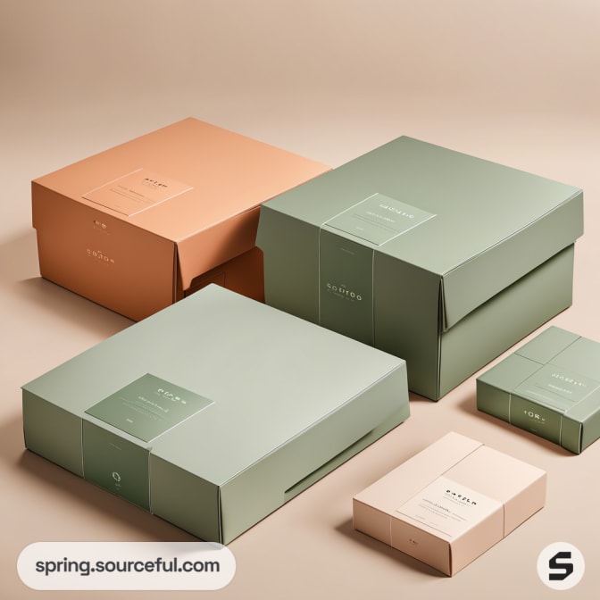 Assorted green and beige cardboard boxes and packages on a neutral background.