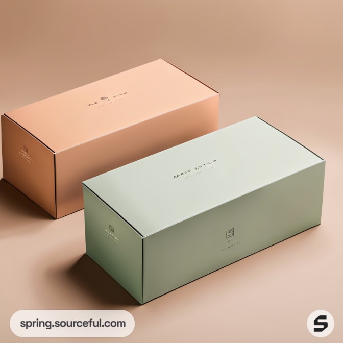 Two pastel-colored mailer boxes, one peach and one mint, on a brown background.