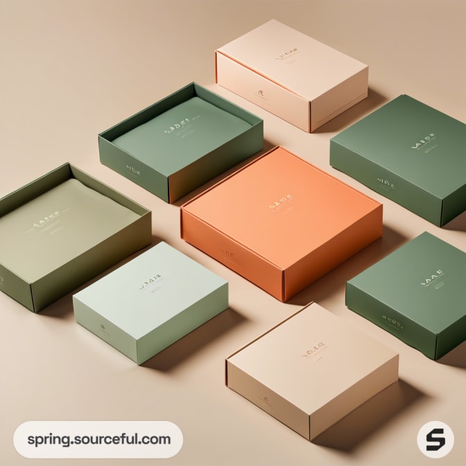 Assorted open and closed boxes in green, peach, and cream on a beige background.