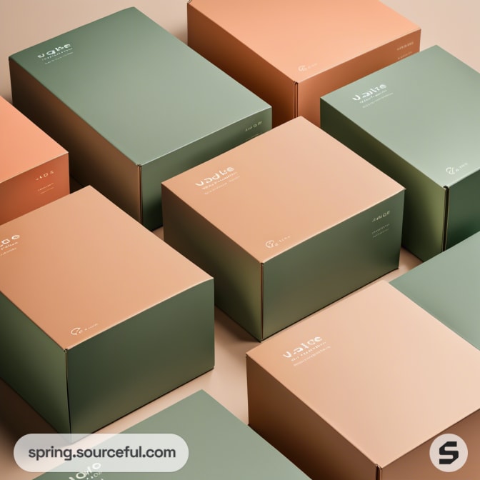 Green and beige matte mailer boxes scattered on a surface.