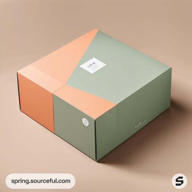 Geometric design cardboard mailer box in green and peach on a beige background.