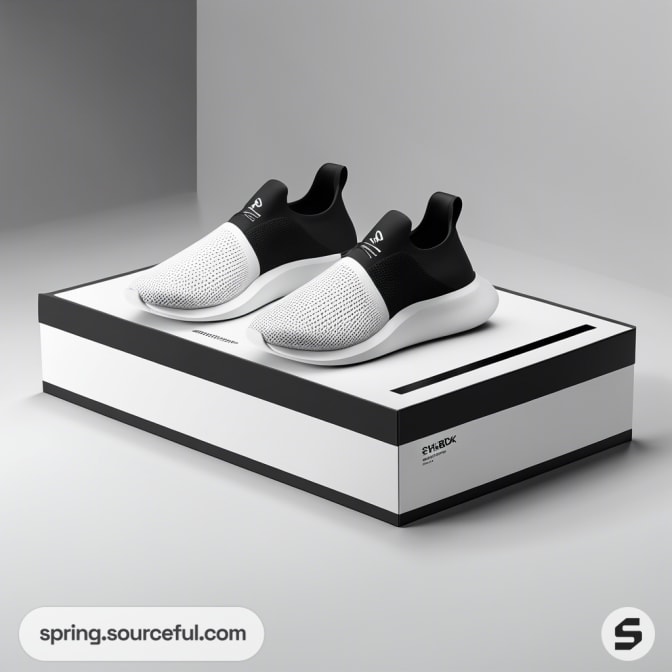 Black and white sneakers on a sleek black and white shoe box with minimalistic design.