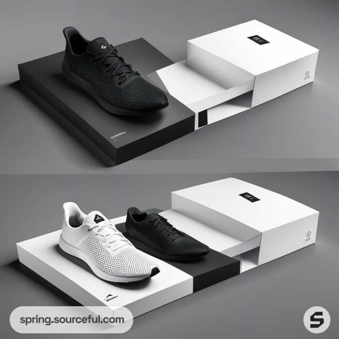 Top view of black and white sneakers on black and white shoeboxes, stylishly arranged side by side.