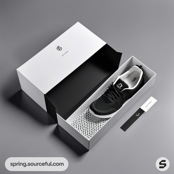 Black sneaker in open white and black shoe box on gray background.