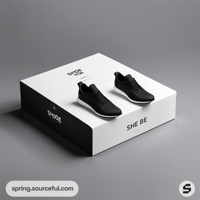 Black sneakers on a two-tone black and white shoe box, minimalistic design.
