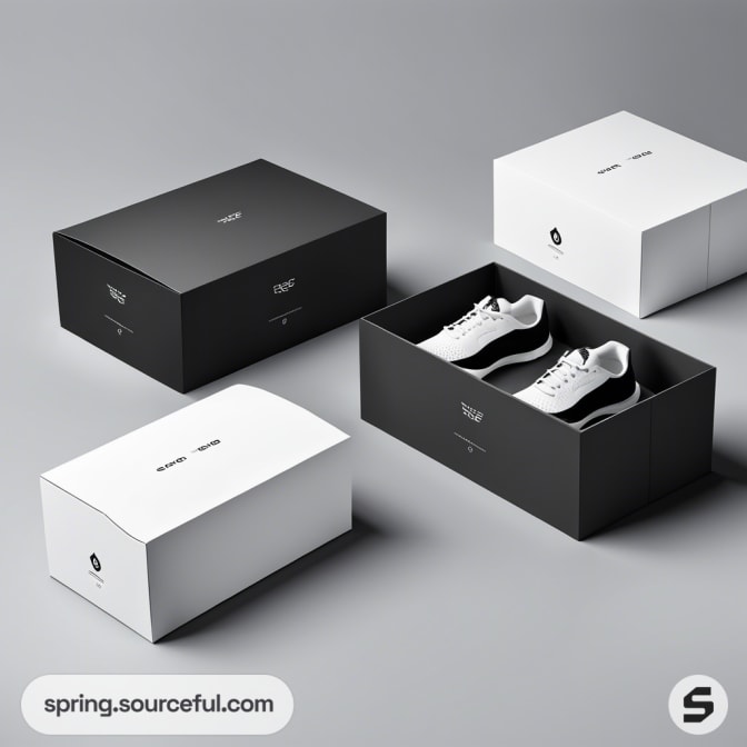 Black and white sneaker boxes with matching shoes inside.