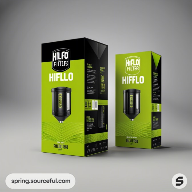 Green and black oil filter packaging with a bold design.