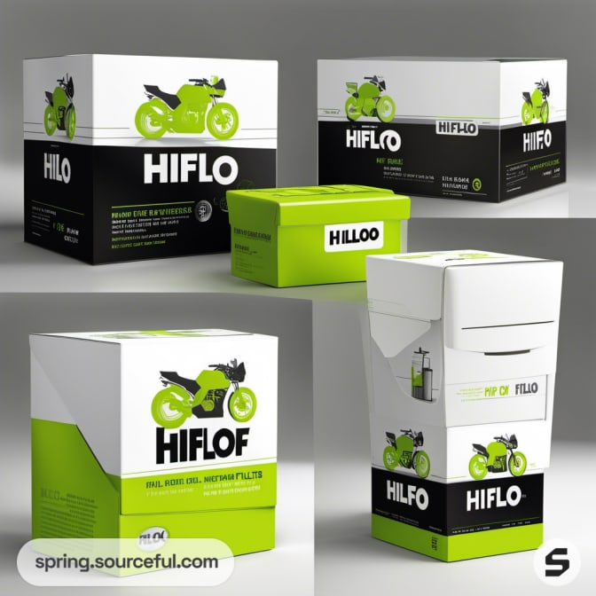 White and green motorcycle filter packaging, multiple boxes.