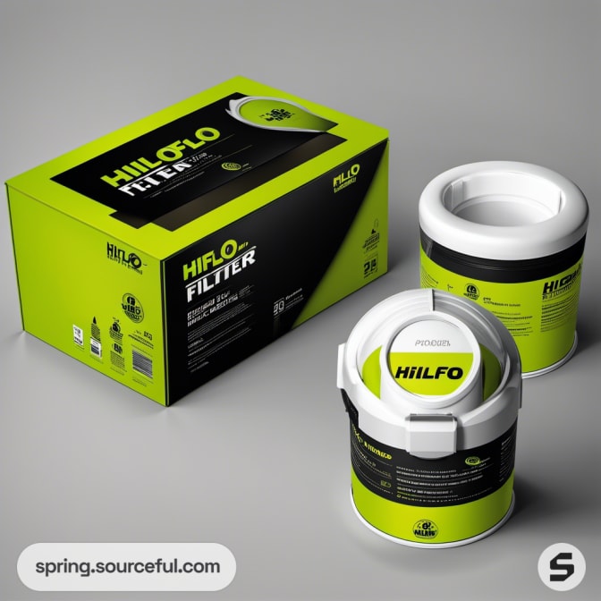 Round filter container with green and black design in a box.